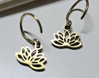 Gold filled Lotus earrings , stainless steel lotus tiny dainty earring hoops , Lotus small earring hoops , wear backwards tiny earring hoops