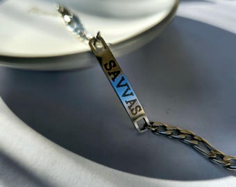 Custom name bracelet with figaro chain stainless steel laser engraved , custom name bracelet gift for mom , Layering bracelet , gift for her