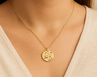 Personalized zodiac Necklace • Zodiac Coin Necklace with Name • Custom Star Sign Jewelry Gift • Astrology Birthday Necklace for Her