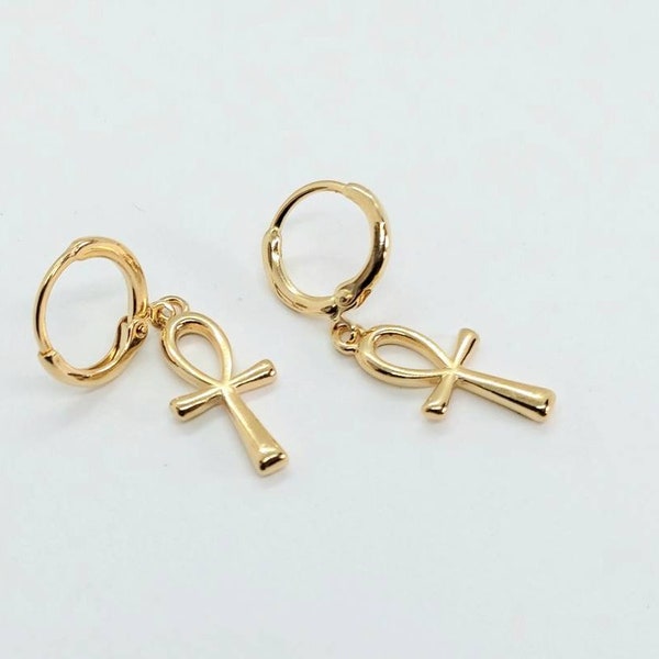 Boucles d’oreilles Ankh, boucles d’oreilles en cerceau minuscules, boucles d’oreilles en cerceau ankh, ankh égyptien, bijoux ankh, boucles d’oreilles ankh en or, boucles d’oreilles en or 24 carats remplies de boucles d’oreilles