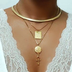 Ankh pendant with eye of Horus and hieroglyphics charm , gold ankh jewelry , ankh necklace , layered necklace set , gold chain necklace ankh