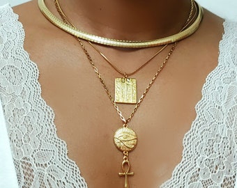 Ankh pendant with eye of Horus and hieroglyphics charm , gold ankh jewelry , ankh necklace , layered necklace set , gold chain necklace ankh