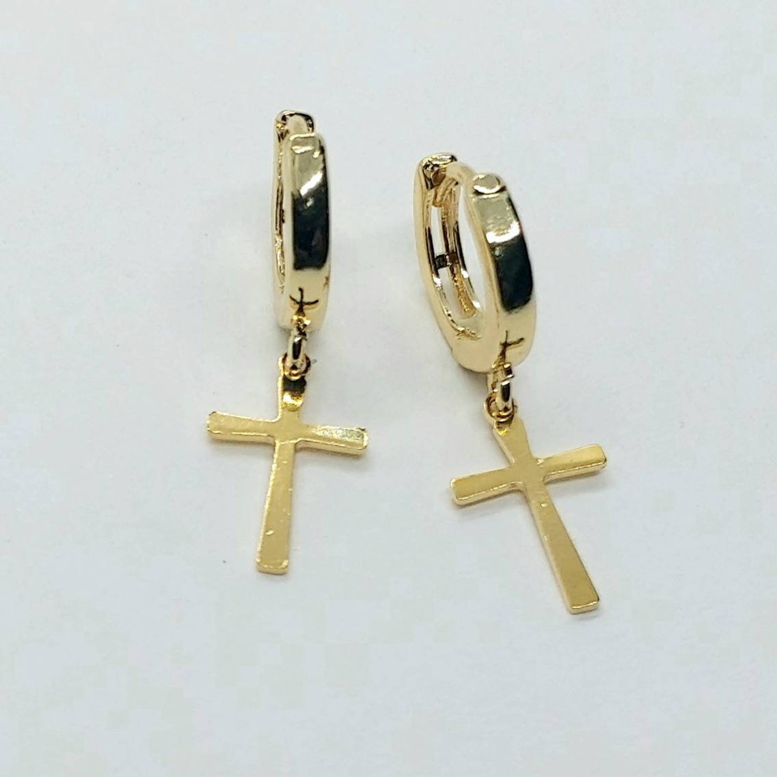 Small hoop earrings with cross 24K gold filled earrings Etsy