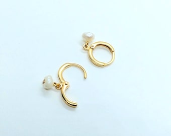 Real pearl earrings , 24K gold filled earrings , Gold hoop earrings  ,gold filled earrings , Dangle earrings pear hoop earrings, small hoops