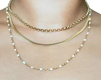 Gold filled layered necklace set , layering chain necklace set , snake chain necklace , rolo chain chocker , enamel cable necklace chain