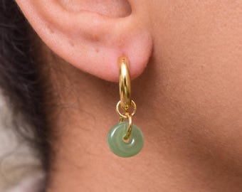 Gold Jade Hoop Earrings, Minimalist Green Jade Drop Hoops, Bridesmaid Gift, Everyday Earrings, Gift for Her