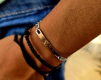 Custom ID tag name bracelet stainless steel laser engraved , custom name figaro ID bracelet gift for him