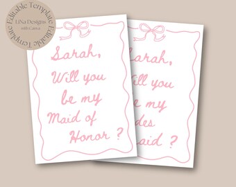 May include: Two pink and white cards with a pink bow on each. The text on the cards reads "Sarah, Will you be my Maid of Honor?" and "Sarah, Will you be my Bridesmaid?"