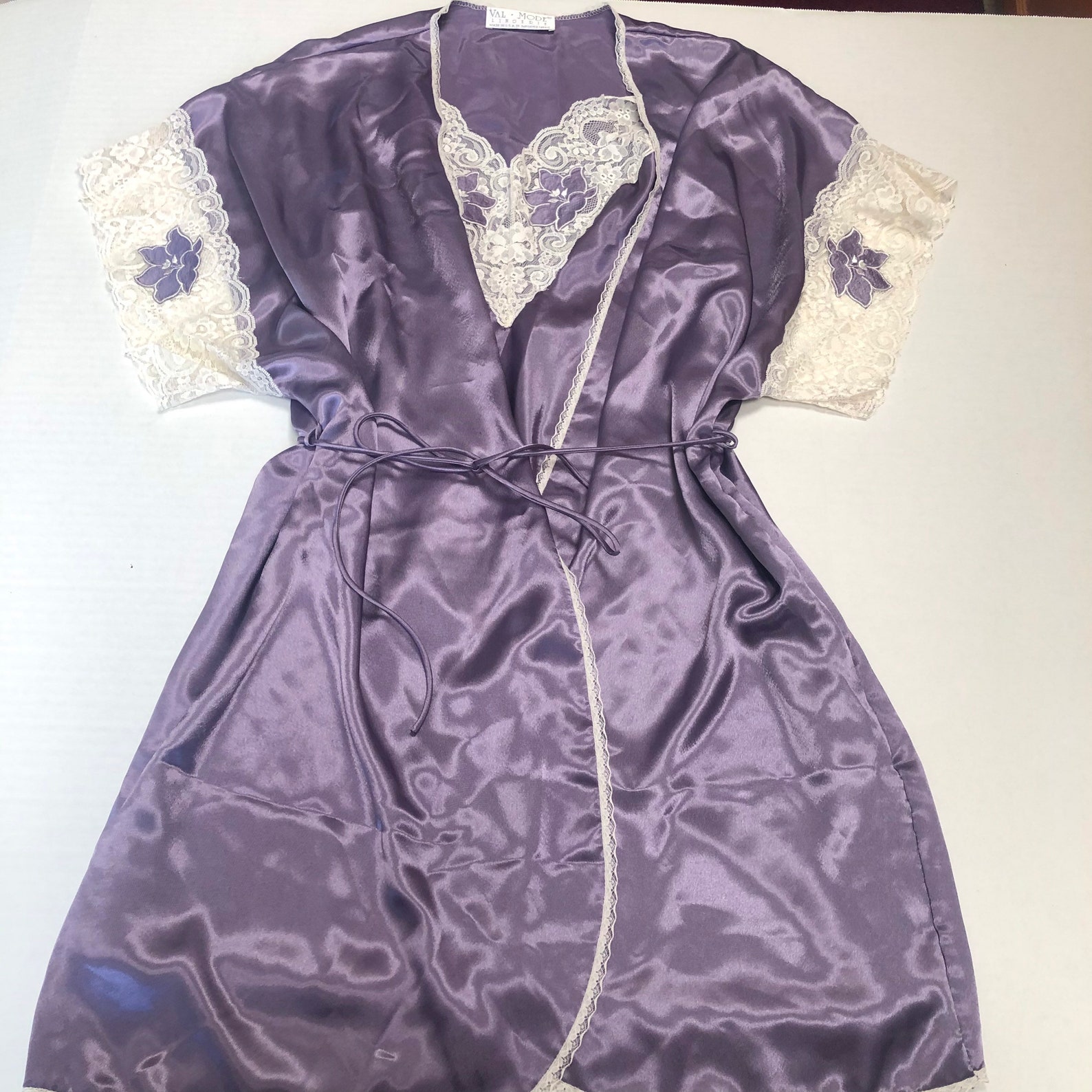 Purple Satin Lingerie Set With Slip Dress And Robe With Tie Etsy