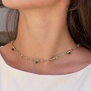 Dainty Green Jade Beaded Necklace: Boho Earth Tone Jewelry