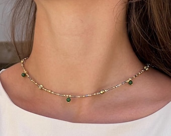 Dainty Green Jade Beaded Necklace: Boho Earth Tone Jewelry