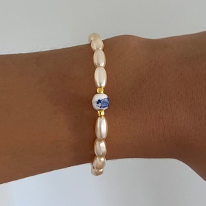 Porcelain Blue Flower Bead Pearl Bracelet - 14K Gold Plated Clasp
