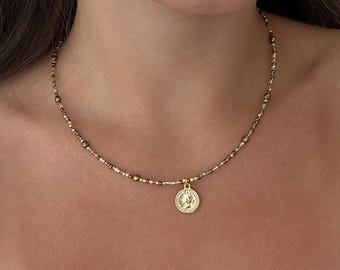Collana con moneta Boho: ciondolo minimalista per tutti i giorni, placcato oro 14K