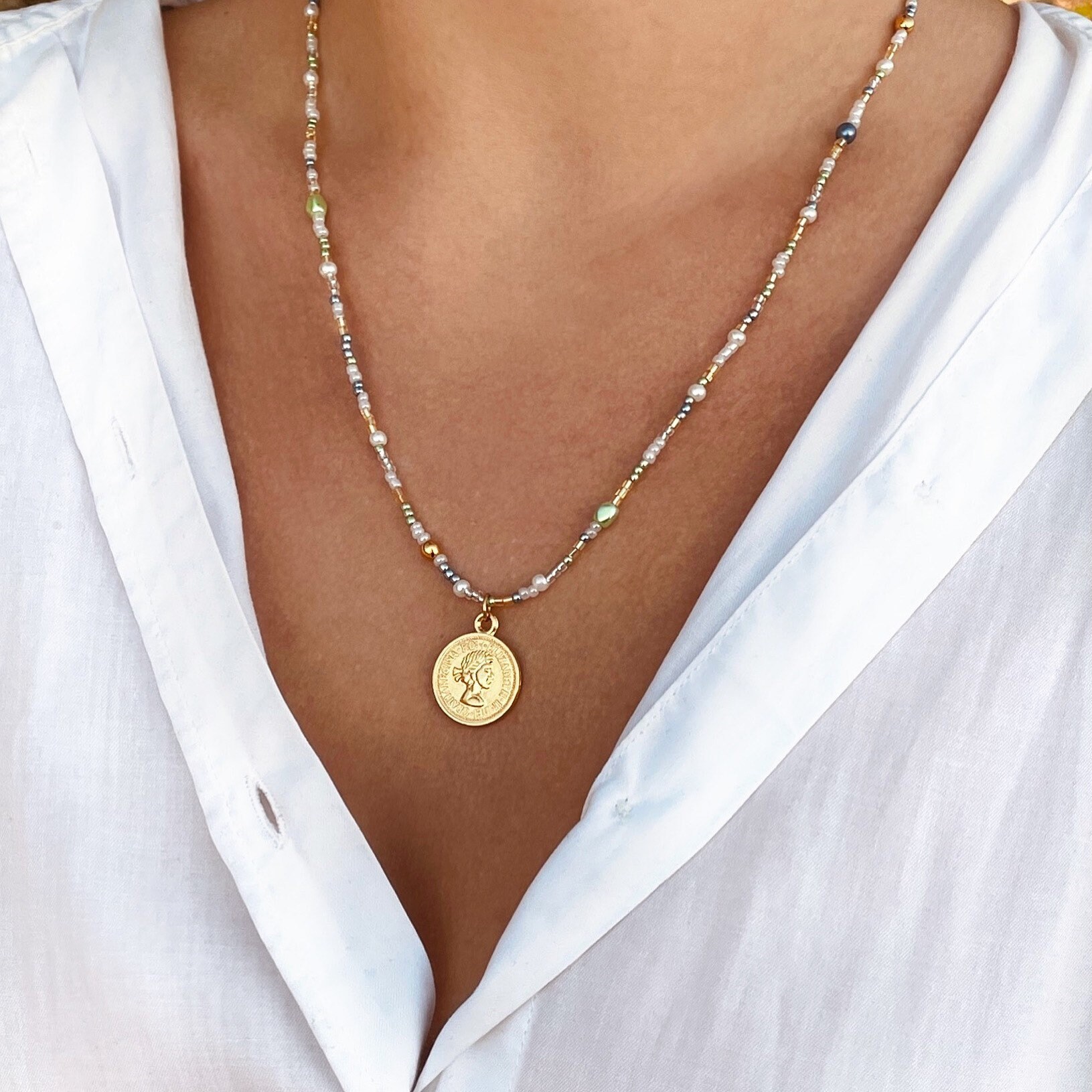Golden Coin Necklace. Beaded Necklace 