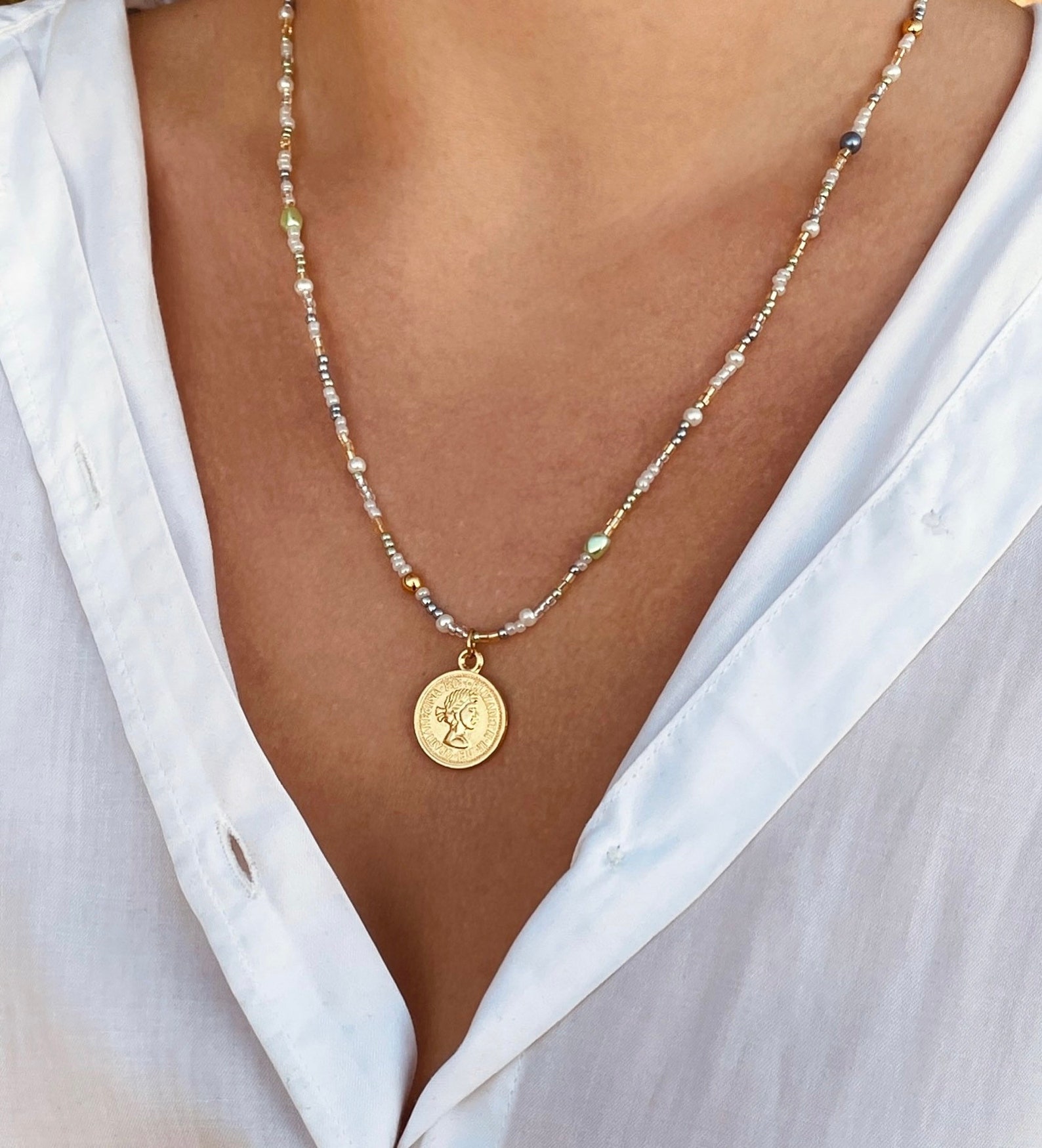 Collier perlé avec monnaie. Collier de pièces de monnaie. Etsy