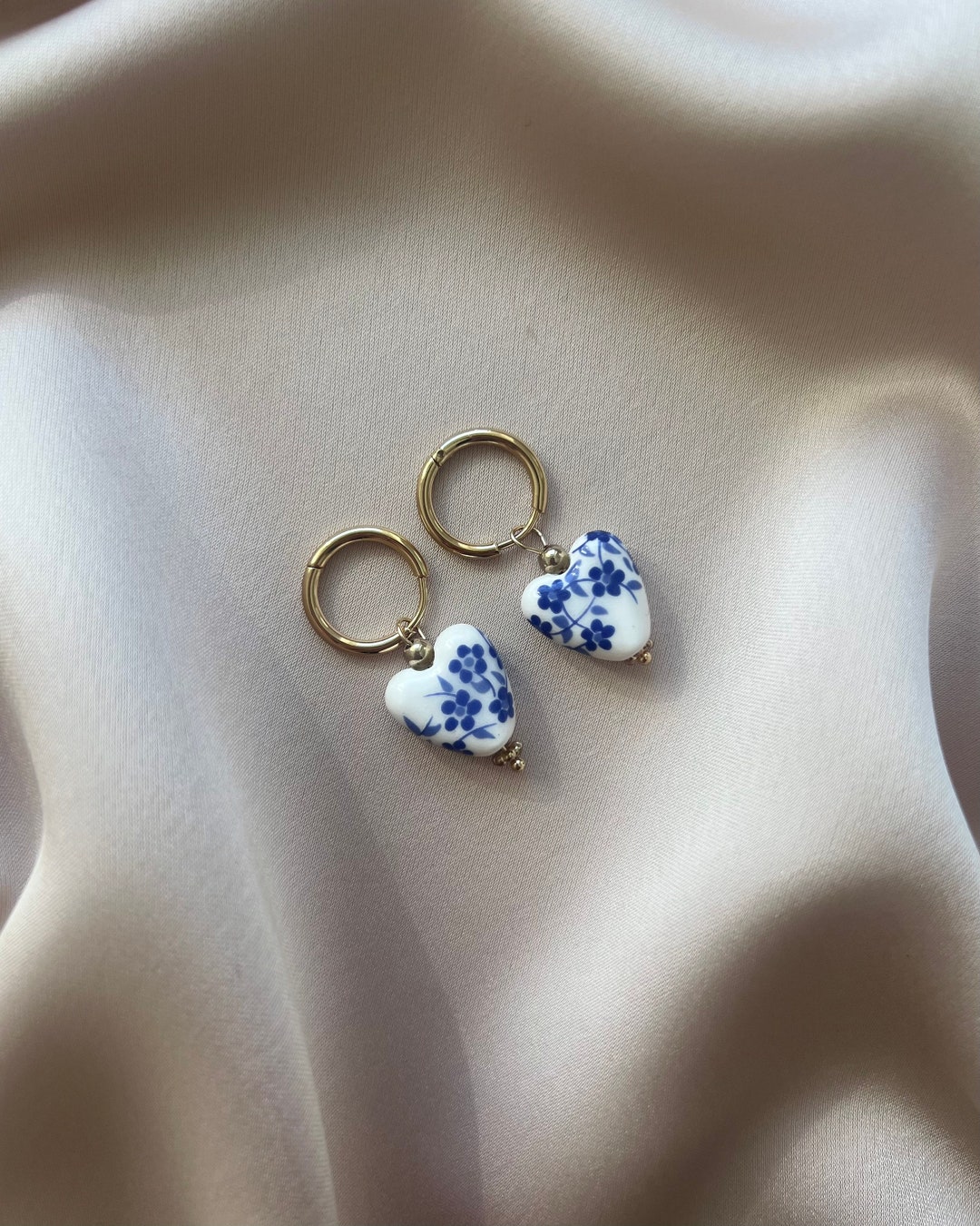 Porcelain Flower Earrings. Heart Earrings. Golden Hoop Earrings