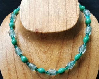 Green Glass Beaded Handmade Necklace, Bohemian Jewellery, One of a Kind