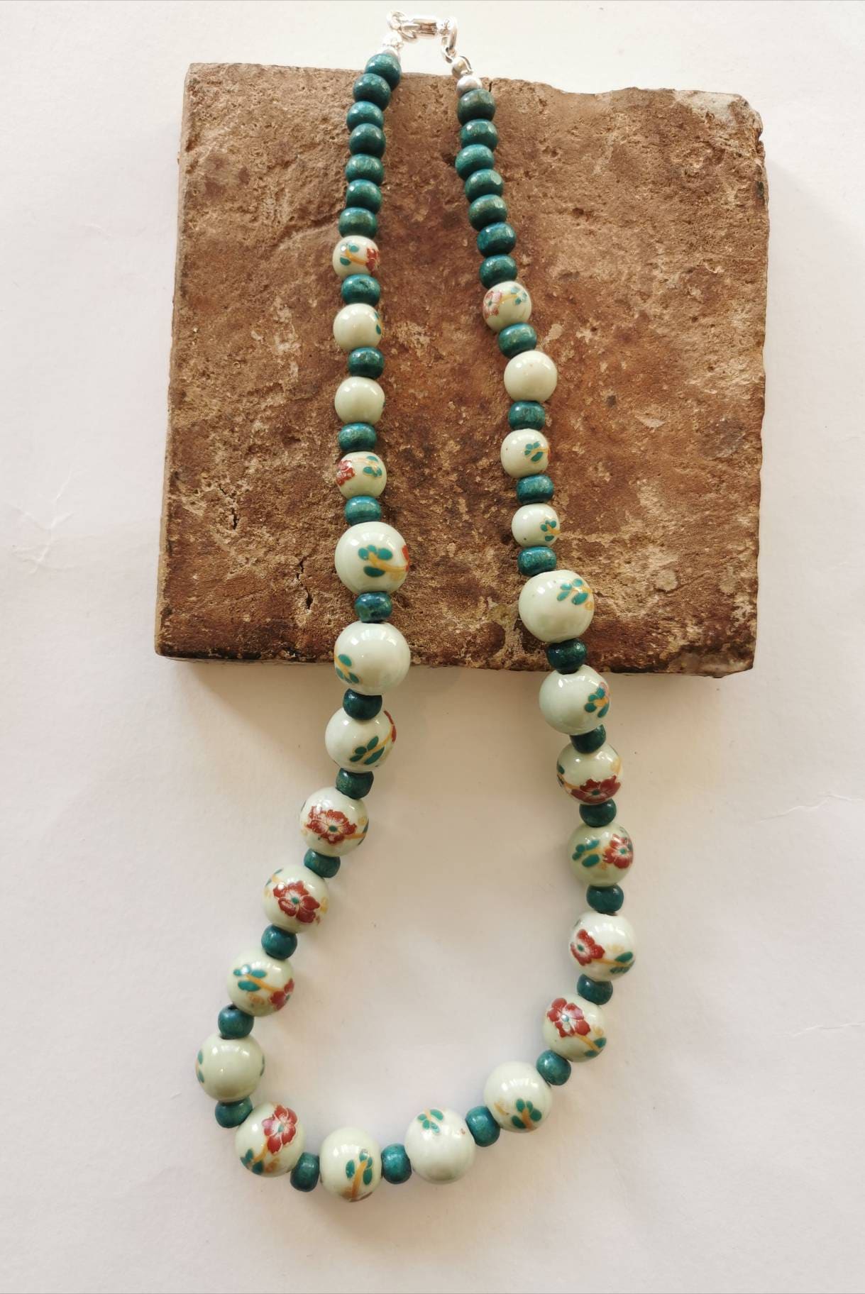 Ceramic Bead Necklace Floral Beaded Necklace Teal Pottery Etsy Nederland