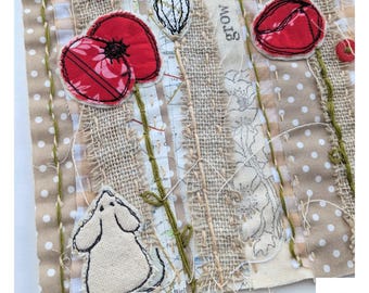 Slow stitch kit for beginners, poppies, hand sewing craft kit,