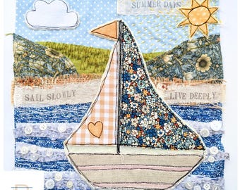 Slow stitch kit for beginners, large 12" kit, sailing boat hand sewing kit
