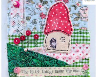 Slow stitch kit for beginners, toadstool cottage, hand sewing craft kit,