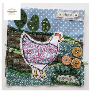 Chicken slow stitch kit for beginners, countryside craft kits for adults, mindfulness gifts, fabric collage kit