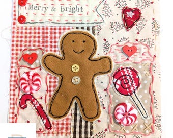 Slow stitch kit for beginners, gingerbread man, Christmas Hand Sewing Craft kit