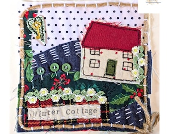 Slow stitch kit for beginners, Christmas crafts, Winter cottage, textile art, mindfulness creative kits, Winter craft kit, crafty gifts,