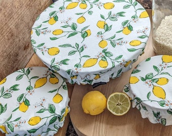 Reusable bowl covers, lemon print cotton bowl covers, country kitchen accessories, gift for cook, gift for baker, housewarming gift,