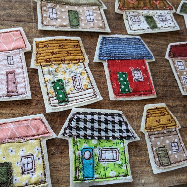 Fabric houses 4 pack, craft embellishments, slow stitch supplies, sewing motifs, craft patches, applique picture, handmade gift for crafters