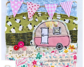 Slow stitch kit for beginners, vintage caravan, hand sewing craft kit,