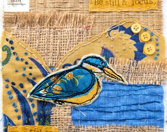 Slow stitch kit for beginners, kingfisher, hand sewing craft kit