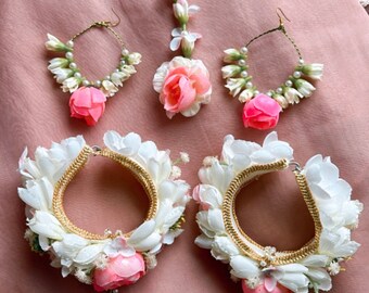Floral Jewellery Set Pink Rose Jewellery Set Flower Jewellery for Mehndi Flower Jewellery for Haldi Silk Floral Jewellery Set Gajray