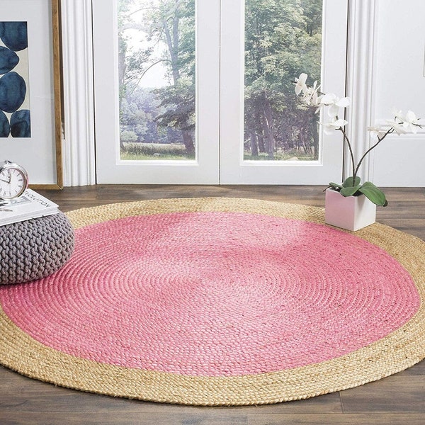 pink round jute rug, rugs for living room, nursery, bedroom, hallway, table decor