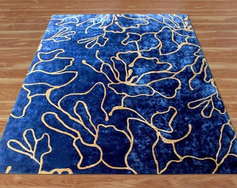 Make to Measure Custom Blue and Gold Rug, Indian Hand Tufted Bedroom Rug, Abstract Design New Zealand Wool Rug
