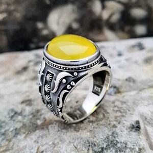 Gele Agate Ring Sterling Zilver, Handgemaakte Silver Man Ring, unieke sieraden, gratis express verzending