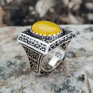 Gele Agate Gemstone Handgemaakte Sterling Silver Men Ring, Vitange Style Ring, unieke sieraden, gratis express verzending
