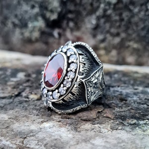 CZ Garnet Stone Ring Sterling Silver, Handgemaakte Silver Man Ring, Unieke sieraden, gratis express verzending