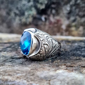 Aquamarine Stone Ring Sterling Zilver, Handgemaakte Silver Man Ring, unieke sieraden, gratis express verzending