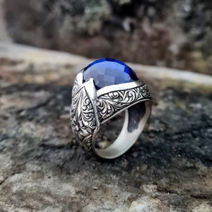 Kubieke Zirconia Sapphire Stone Ring Sterling Zilver, Handgemaakte Silver Man Ring, Unieke sieraden, gratis express verzending