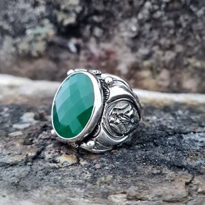 Kubieke Zirconia Emerald Stone Ring Sterling Zilver, Handgemaakte Silver Man Ring, Unieke sieraden, gratis express verzending