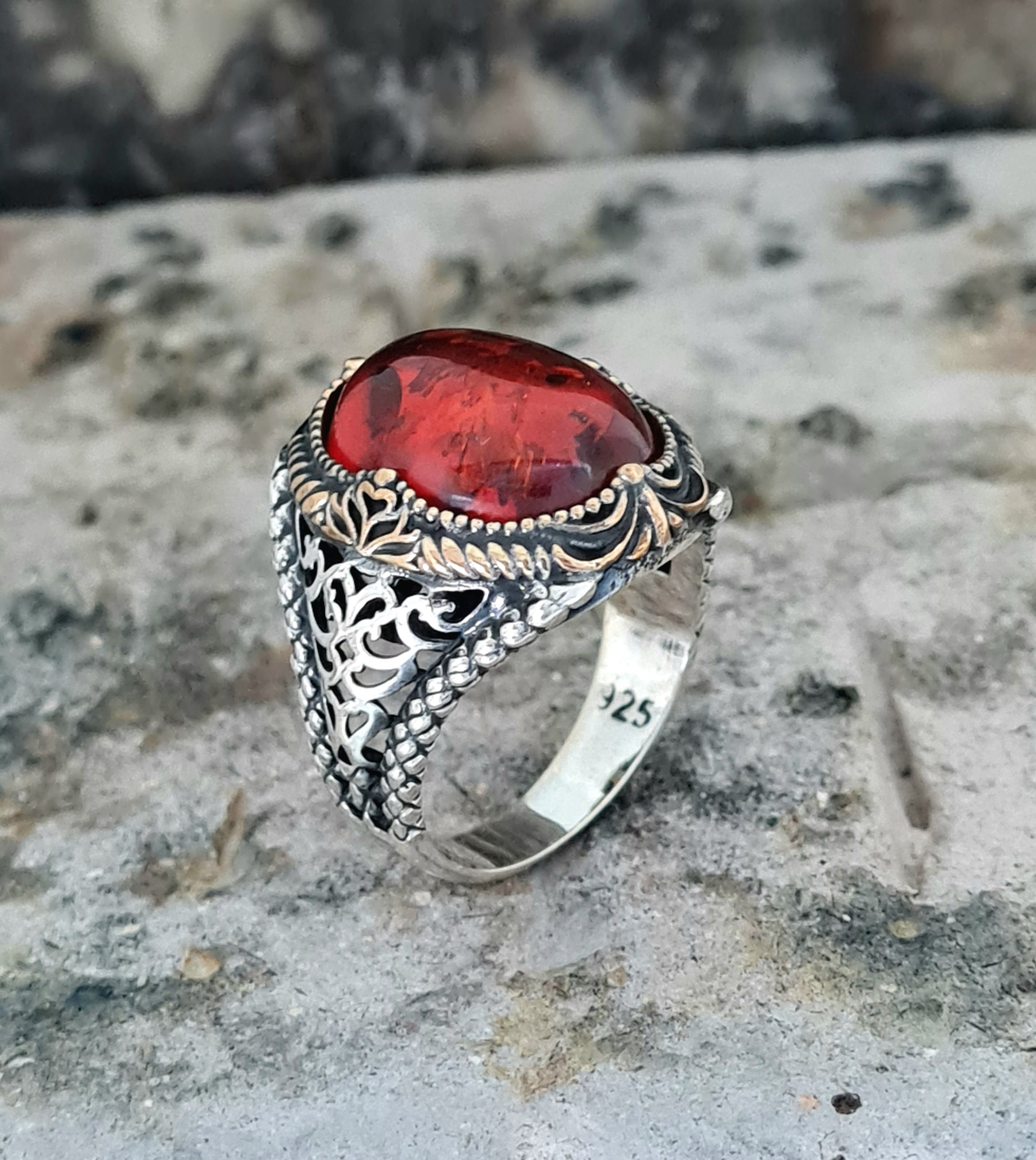 Men Handmade Silver Ring, Amber,turquoise,tiger Eye Mens