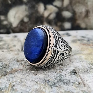 Blue Cats Eye Ring Sterling Silver, Handgemaakte Silver Man Ring, Unieke sieraden, gratis express verzending
