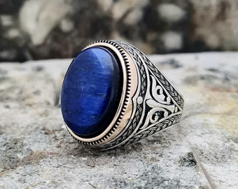 Blue Cats Eye Ring Sterling Silver,Handmade Silver Man Ring,Unique Jewelry,free express shipping