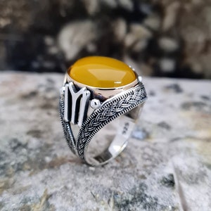 Gele Agate Ring Sterling Zilver, Handgemaakte Silver Man Ring, unieke sieraden, gratis express verzending