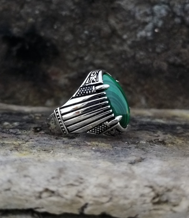 Handmade 925 Sterling Silver Men/'s Ring With Natural Malachite Stone