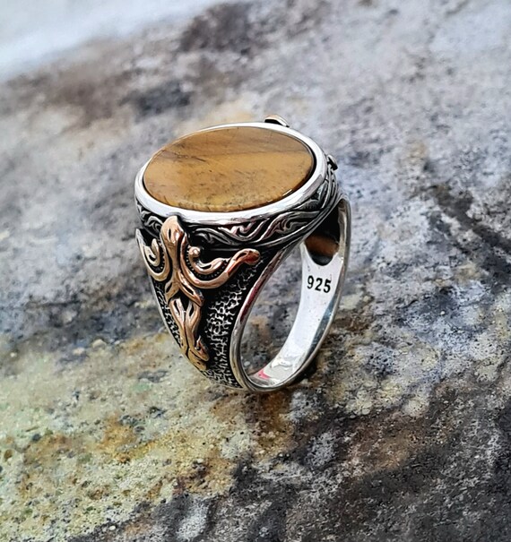 Men Handmade Silver Ring, Tiger Eye Oval Gemstone Mens Ring 