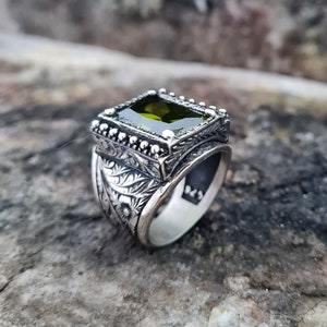 Peridoot stenen ring sterling zilver, handgemaakte zilveren man ring, unieke sieraden, gratis express verzending