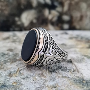 Zwarte Onyx, Gele Agate Ring Sterling Zilver, Handgemaakte Silver Man Ring, Unieke sieraden, gratis express verzending