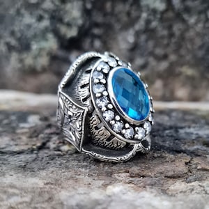 CZ Aquamarine Stone Ring Sterling Zilver, Handgemaakte Silver Man Ring, Unieke sieraden, gratis express verzending